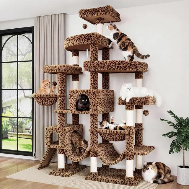 Main image of 83 in Cat Tree Tower for Indoor Adult Felines 20lbs+/Multi-Level Heavy Duty Cat Tower for Big Maine Coon/Giant Perches/Wide Baseboard/Sisal Scratching Posts/Cozy Condos/Leopard Print
