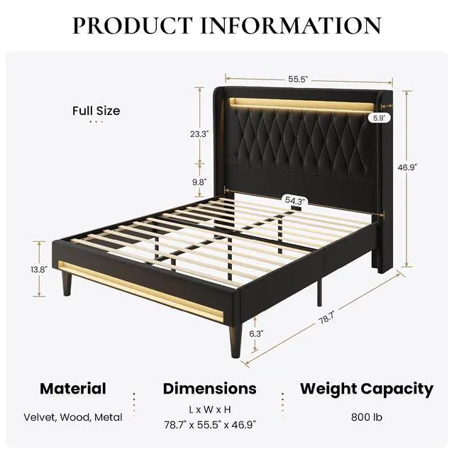 Alt view image 2 of 7 - Full Size LED Bed Frame with Charging Station, Velvet Upholstered Platform Bed with High Wingback Headboard, No Box Spring Needed, Easy Assembly, Black