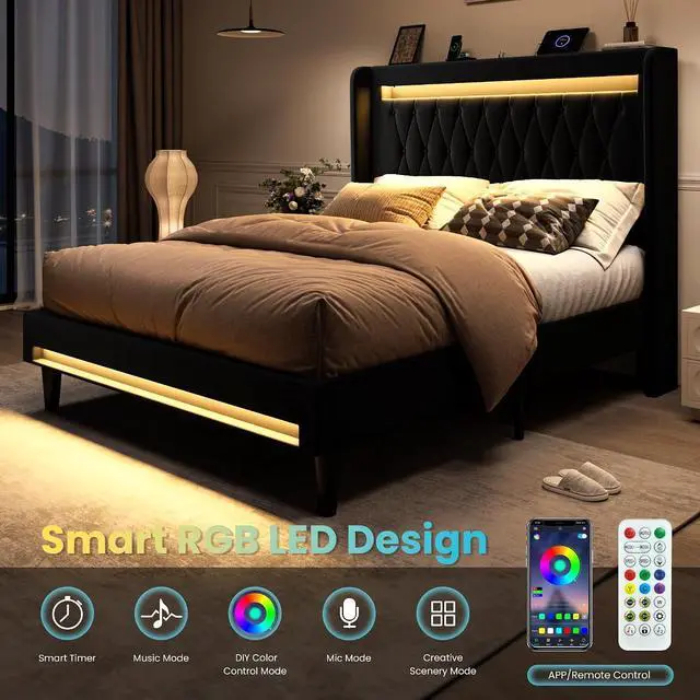 Alt view image 4 of 7 - Full Size LED Bed Frame with Charging Station, Velvet Upholstered Platform Bed with High Wingback Headboard, No Box Spring Needed, Easy Assembly, Black