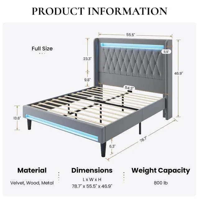 Alt view image 2 of 7 - Full Size LED Bed Frame with Charging Station, Velvet Upholstered Platform Bed with High Wingback Headboard, No Box Spring Needed, Easy Assembly, Grey