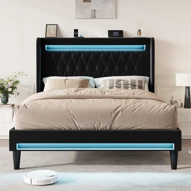 Alt view image 3 of 7 - Full Size LED Bed Frame with Charging Station, Velvet Upholstered Platform Bed with High Wingback Headboard, No Box Spring Needed, Easy Assembly, Black