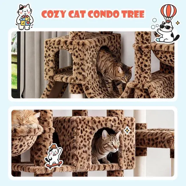 Alt view image 7 of 7 - 83 in Cat Tree Tower for Indoor Adult Felines 20lbs+/Multi-Level Heavy Duty Cat Tower for Big Maine Coon/Giant Perches/Wide Baseboard/Sisal Scratching Posts/Cozy Condos/Leopard Print