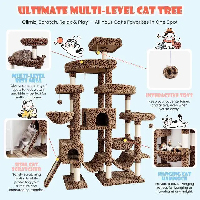 Alt view image 3 of 7 - 83 in Cat Tree Tower for Indoor Adult Felines 20lbs+/Multi-Level Heavy Duty Cat Tower for Big Maine Coon/Giant Perches/Wide Baseboard/Sisal Scratching Posts/Cozy Condos/Leopard Print