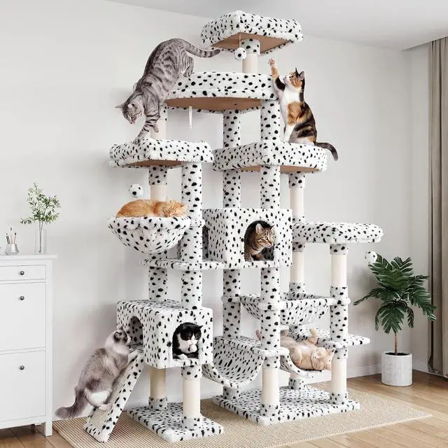 Alt view image 2 of 7 - 83 in Cat Tree Tower for Indoor Adult Felines 20lbs+/Multi-Level Heavy Duty Cat Tower for Big Maine Coon/Giant Perches/Wide Baseboard/Sisal Scratching Posts/Cozy Condos/White & Black Spot