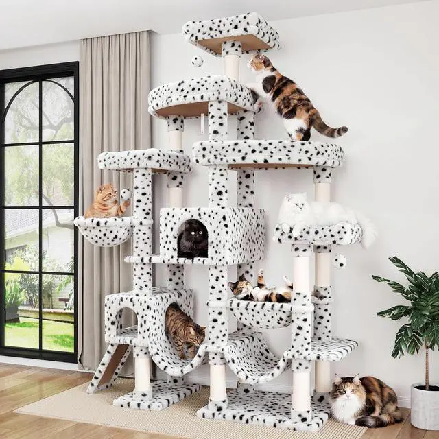 Main image of 83 in Cat Tree Tower for Indoor Adult Felines 20lbs+/Multi-Level Heavy Duty Cat Tower for Big Maine Coon/Giant Perches/Wide Baseboard/Sisal Scratching Posts/Cozy Condos/White & Black Spot