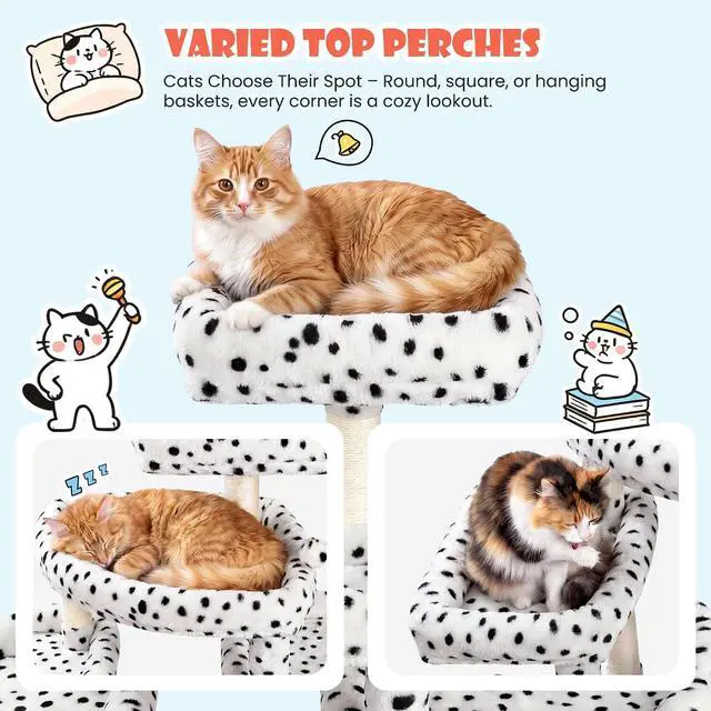 Alt view image 4 of 7 - 83 in Cat Tree Tower for Indoor Adult Felines 20lbs+/Multi-Level Heavy Duty Cat Tower for Big Maine Coon/Giant Perches/Wide Baseboard/Sisal Scratching Posts/Cozy Condos/White & Black Spot