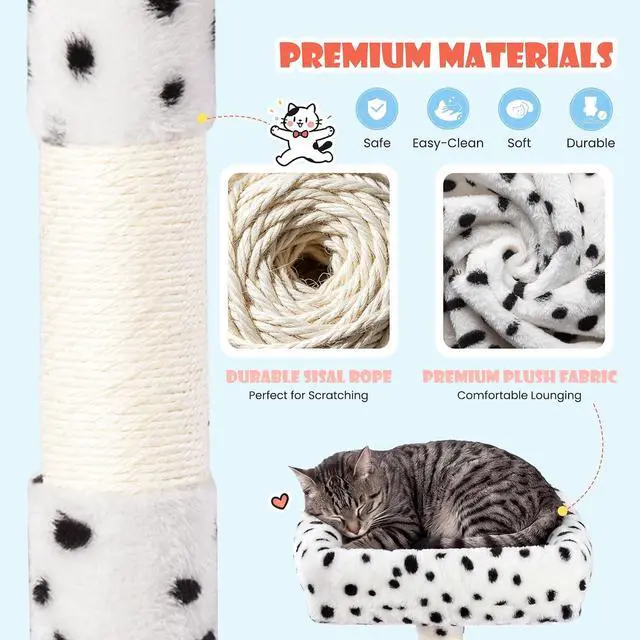 Alt view image 5 of 7 - 83 in Cat Tree Tower for Indoor Adult Felines 20lbs+/Multi-Level Heavy Duty Cat Tower for Big Maine Coon/Giant Perches/Wide Baseboard/Sisal Scratching Posts/Cozy Condos/White & Black Spot