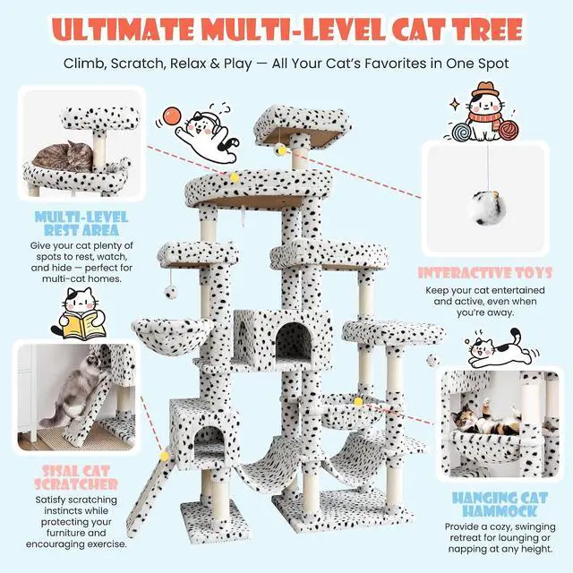 Alt view image 3 of 7 - 83 in Cat Tree Tower for Indoor Adult Felines 20lbs+/Multi-Level Heavy Duty Cat Tower for Big Maine Coon/Giant Perches/Wide Baseboard/Sisal Scratching Posts/Cozy Condos/White & Black Spot
