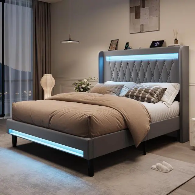 Main image of Queen Size LED Bed Frame with Charging Station, Velvet Upholstered Platform Bed with High Wingback Headboard, No Box Spring Needed, Easy Assembly, Grey