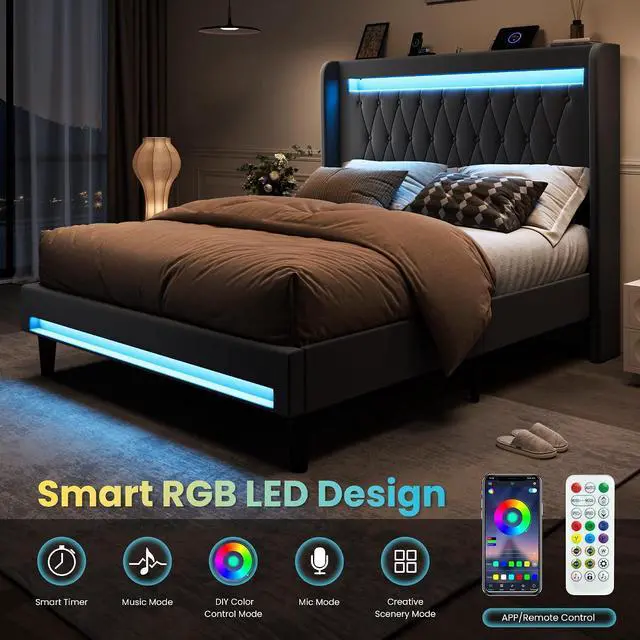 Alt view image 4 of 7 - Queen Size LED Bed Frame with Charging Station, Velvet Upholstered Platform Bed with High Wingback Headboard, No Box Spring Needed, Easy Assembly, Grey