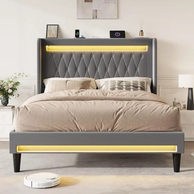 Alt view image 3 of 7 - Queen Size LED Bed Frame with Charging Station, Velvet Upholstered Platform Bed with High Wingback Headboard, No Box Spring Needed, Easy Assembly, Grey