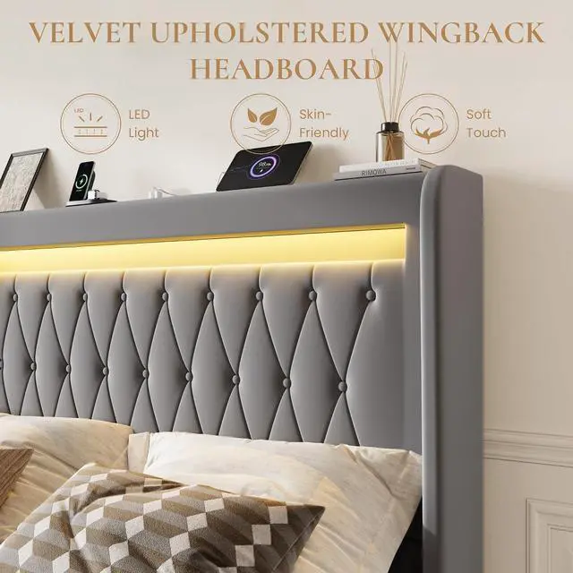 Alt view image 5 of 7 - Queen Size LED Bed Frame with Charging Station, Velvet Upholstered Platform Bed with High Wingback Headboard, No Box Spring Needed, Easy Assembly, Grey