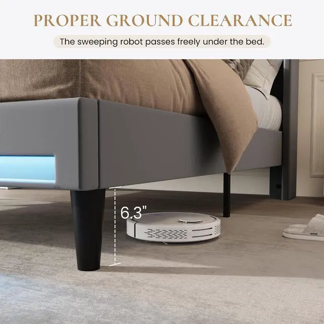 Alt view image 7 of 7 - Queen Size LED Bed Frame with Charging Station, Velvet Upholstered Platform Bed with High Wingback Headboard, No Box Spring Needed, Easy Assembly, Grey