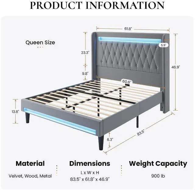 Alt view image 2 of 7 - Queen Size LED Bed Frame with Charging Station, Velvet Upholstered Platform Bed with High Wingback Headboard, No Box Spring Needed, Easy Assembly, Grey