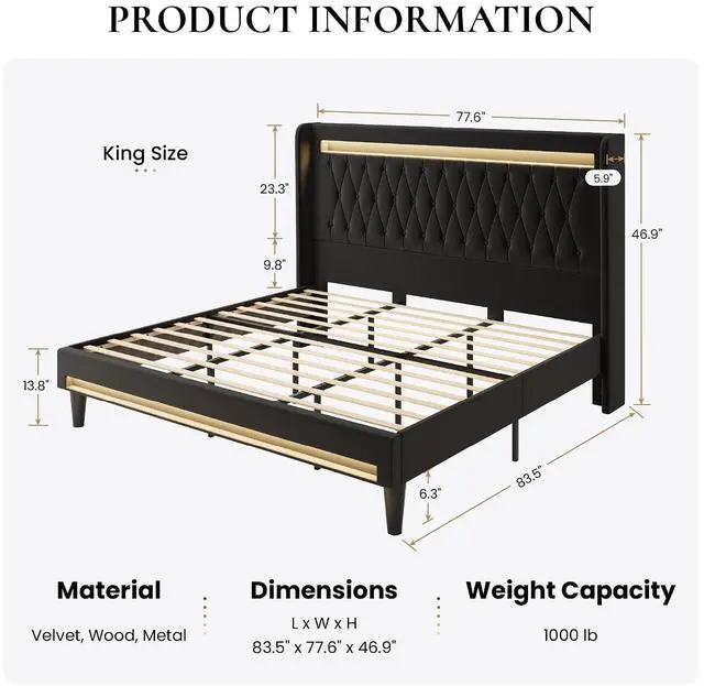 Alt view image 2 of 7 - King Size LED Bed Frame with Charging Station, Velvet Upholstered Platform Bed with High Wingback Headboard, No Box Spring Needed, Easy Assembly, Black
