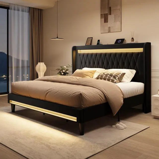 Main image of King Size LED Bed Frame with Charging Station, Velvet Upholstered Platform Bed with High Wingback Headboard, No Box Spring Needed, Easy Assembly, Black