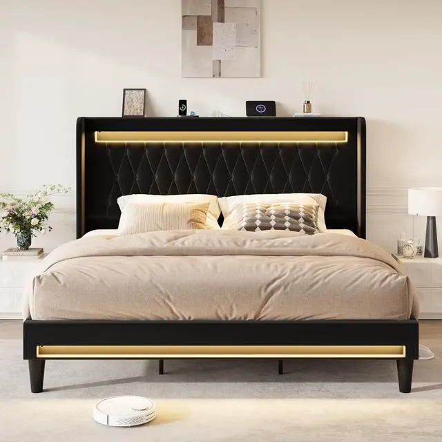 Alt view image 3 of 7 - King Size LED Bed Frame with Charging Station, Velvet Upholstered Platform Bed with High Wingback Headboard, No Box Spring Needed, Easy Assembly, Black