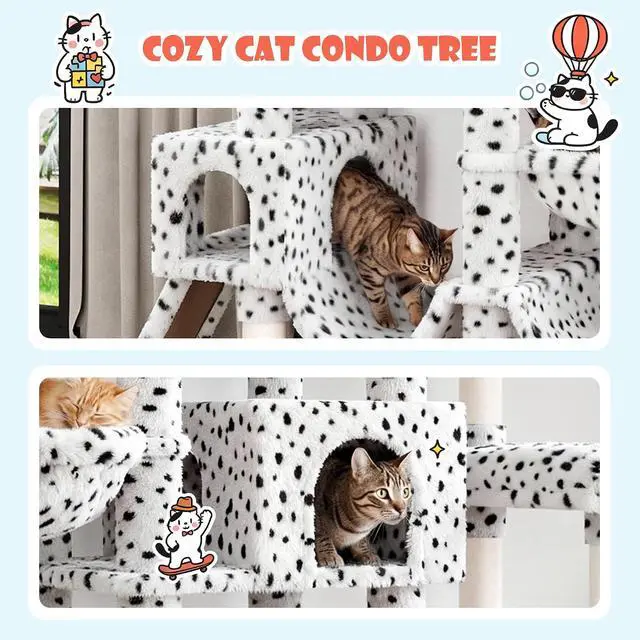 Alt view image 7 of 7 - 83 in Cat Tree Tower for Indoor Adult Felines 20lbs+/Multi-Level Heavy Duty Cat Tower for Big Maine Coon/Giant Perches/Wide Baseboard/Sisal Scratching Posts/Cozy Condos/White & Black Spot