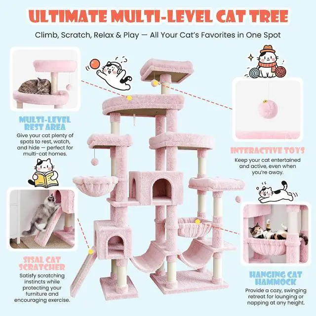 Alt view image 3 of 7 - 83 in Cat Tree Tower for Indoor Adult Felines 20lbs+/Multi-Level Heavy Duty Cat Tower for Big Maine Coon/Giant Perches/Wide Baseboard/Sisal Scratching Posts/Cozy Condos/Pink