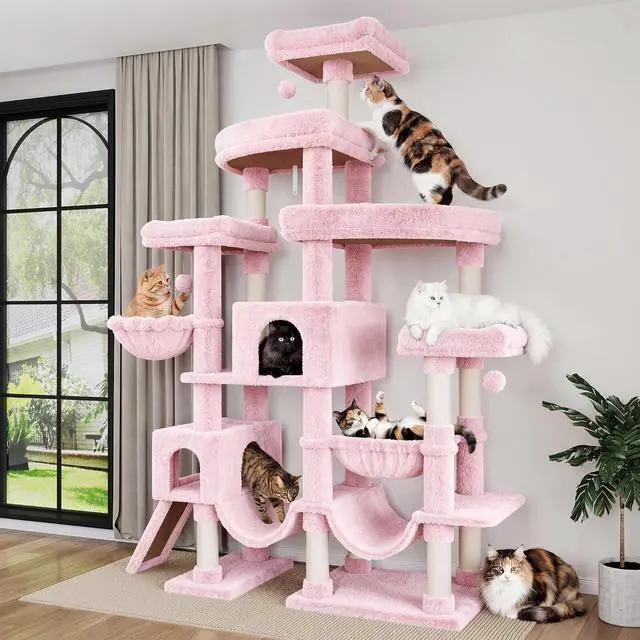 Alt view image 2 of 7 - 83 in Cat Tree Tower for Indoor Adult Felines 20lbs+/Multi-Level Heavy Duty Cat Tower for Big Maine Coon/Giant Perches/Wide Baseboard/Sisal Scratching Posts/Cozy Condos/Pink