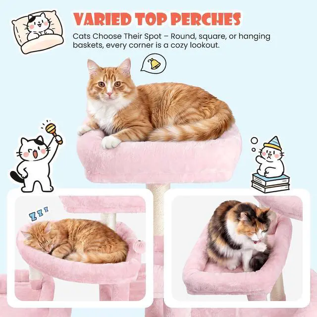 Alt view image 4 of 7 - 83 in Cat Tree Tower for Indoor Adult Felines 20lbs+/Multi-Level Heavy Duty Cat Tower for Big Maine Coon/Giant Perches/Wide Baseboard/Sisal Scratching Posts/Cozy Condos/Pink