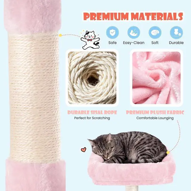 Alt view image 5 of 7 - 83 in Cat Tree Tower for Indoor Adult Felines 20lbs+/Multi-Level Heavy Duty Cat Tower for Big Maine Coon/Giant Perches/Wide Baseboard/Sisal Scratching Posts/Cozy Condos/Pink