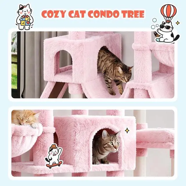 Alt view image 7 of 7 - 83 in Cat Tree Tower for Indoor Adult Felines 20lbs+/Multi-Level Heavy Duty Cat Tower for Big Maine Coon/Giant Perches/Wide Baseboard/Sisal Scratching Posts/Cozy Condos/Pink