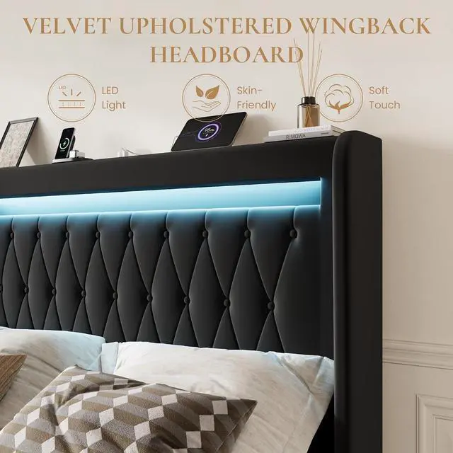 Alt view image 5 of 7 - King Size LED Bed Frame with Charging Station, Velvet Upholstered Platform Bed with High Wingback Headboard, No Box Spring Needed, Easy Assembly, Black