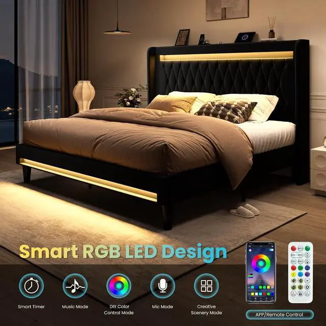 Alt view image 4 of 7 - King Size LED Bed Frame with Charging Station, Velvet Upholstered Platform Bed with High Wingback Headboard, No Box Spring Needed, Easy Assembly, Black