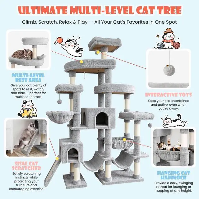 Alt view image 3 of 7 - 83 in Cat Tree Tower for Indoor Adult Felines 20lbs+/Multi-Level Heavy Duty Cat Tower for Big Maine Coon/Giant Perches/Wide Baseboard/Sisal Scratching Posts/Cozy Condos/Light Grey