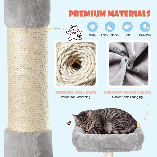 Alt view image 5 of 7 - 83 in Cat Tree Tower for Indoor Adult Felines 20lbs+/Multi-Level Heavy Duty Cat Tower for Big Maine Coon/Giant Perches/Wide Baseboard/Sisal Scratching Posts/Cozy Condos/Light Grey