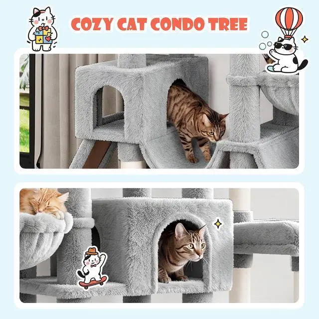 Alt view image 7 of 7 - 83 in Cat Tree Tower for Indoor Adult Felines 20lbs+/Multi-Level Heavy Duty Cat Tower for Big Maine Coon/Giant Perches/Wide Baseboard/Sisal Scratching Posts/Cozy Condos/Light Grey