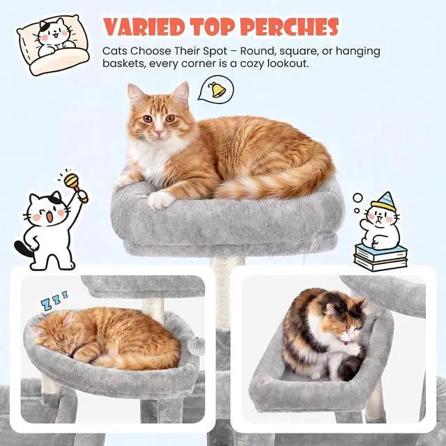 Alt view image 4 of 7 - 83 in Cat Tree Tower for Indoor Adult Felines 20lbs+/Multi-Level Heavy Duty Cat Tower for Big Maine Coon/Giant Perches/Wide Baseboard/Sisal Scratching Posts/Cozy Condos/Light Grey