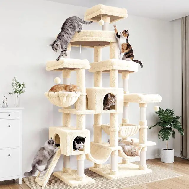 Main image of 83 in Cat Tree Tower for Indoor Adult Felines 20lbs+/Multi-Level Heavy Duty Cat Tower for Big Maine Coon/Giant Perches/Wide Baseboard/Sisal Scratching Posts/Cozy Condos/Beige