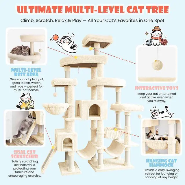 Alt view image 3 of 7 - 83 in Cat Tree Tower for Indoor Adult Felines 20lbs+/Multi-Level Heavy Duty Cat Tower for Big Maine Coon/Giant Perches/Wide Baseboard/Sisal Scratching Posts/Cozy Condos/Beige