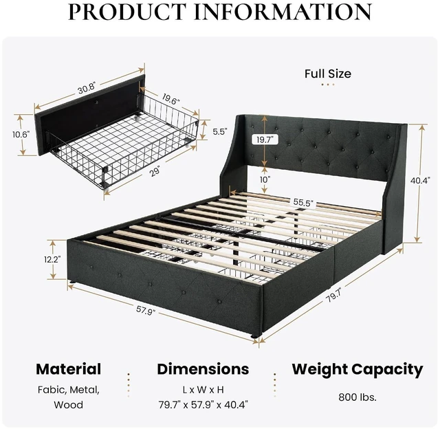 Alt view image 2 of 7 - Upholstered Full Size Platform Bed Frame with 4 Storage Drawers and Wingback Headboard, Diamond Stitched Button Tufted Design, No Box Spring Needed, Dark Grey