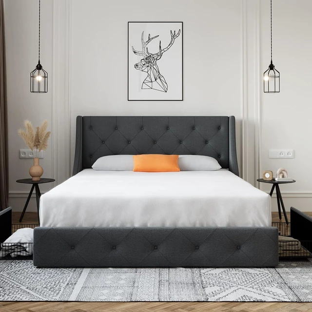 Alt view image 3 of 7 - Upholstered Full Size Platform Bed Frame with 4 Storage Drawers and Wingback Headboard, Diamond Stitched Button Tufted Design, No Box Spring Needed, Dark Grey