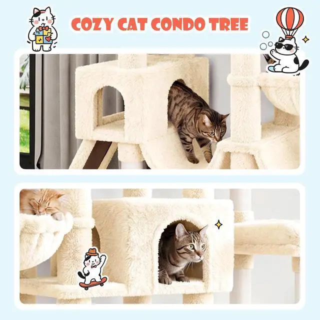 Alt view image 7 of 7 - 83 in Cat Tree Tower for Indoor Adult Felines 20lbs+/Multi-Level Heavy Duty Cat Tower for Big Maine Coon/Giant Perches/Wide Baseboard/Sisal Scratching Posts/Cozy Condos/Beige