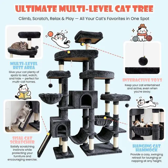 Alt view image 3 of 7 - 83 in Cat Tree Tower for Indoor Adult Felines 20lbs+/Multi-Level Heavy Duty Cat Tower for Big Maine Coon/Giant Perches/Wide Baseboard/Sisal Scratching Posts/Cozy Condos/Dark Grey