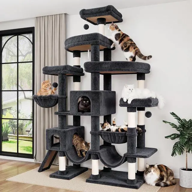 Alt view image 2 of 7 - 83 in Cat Tree Tower for Indoor Adult Felines 20lbs+/Multi-Level Heavy Duty Cat Tower for Big Maine Coon/Giant Perches/Wide Baseboard/Sisal Scratching Posts/Cozy Condos/Dark Grey