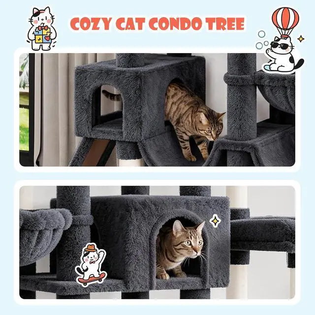 Alt view image 7 of 7 - 83 in Cat Tree Tower for Indoor Adult Felines 20lbs+/Multi-Level Heavy Duty Cat Tower for Big Maine Coon/Giant Perches/Wide Baseboard/Sisal Scratching Posts/Cozy Condos/Dark Grey