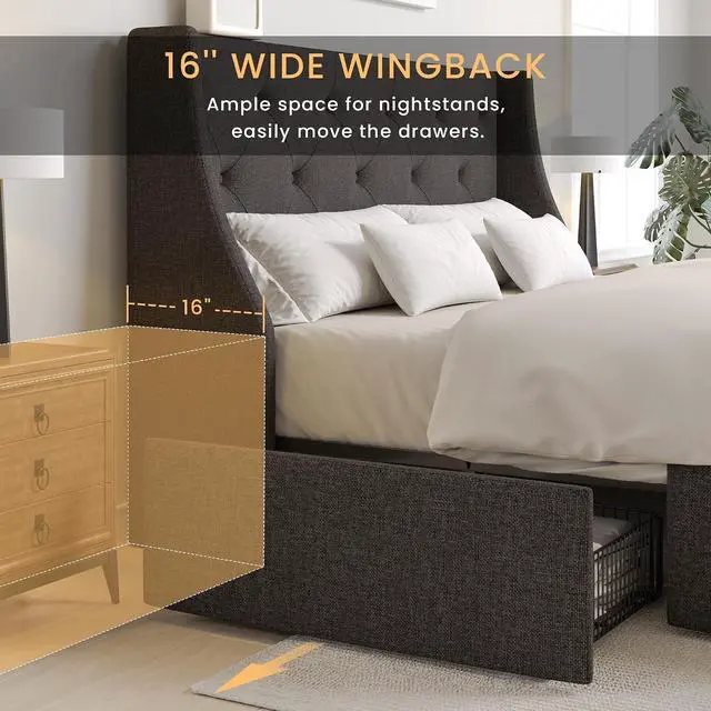 Alt view image 5 of 7 - Queen Platform Upholstered Bed Frame with 4 Storage Drawers and Wingback Headboard, Diamond Stitched Button Tufted Design, No Box Spring Needed, Dark Grey