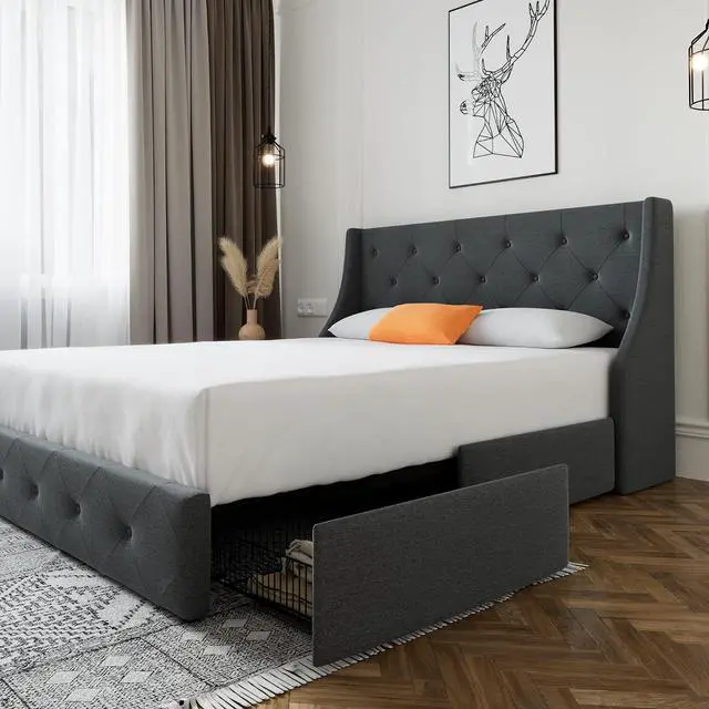 Alt view image 4 of 7 - Queen Platform Upholstered Bed Frame with 4 Storage Drawers and Wingback Headboard, Diamond Stitched Button Tufted Design, No Box Spring Needed, Dark Grey