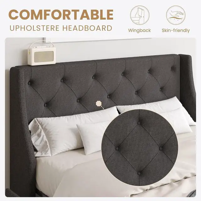Alt view image 7 of 7 - Queen Platform Upholstered Bed Frame with 4 Storage Drawers and Wingback Headboard, Diamond Stitched Button Tufted Design, No Box Spring Needed, Dark Grey