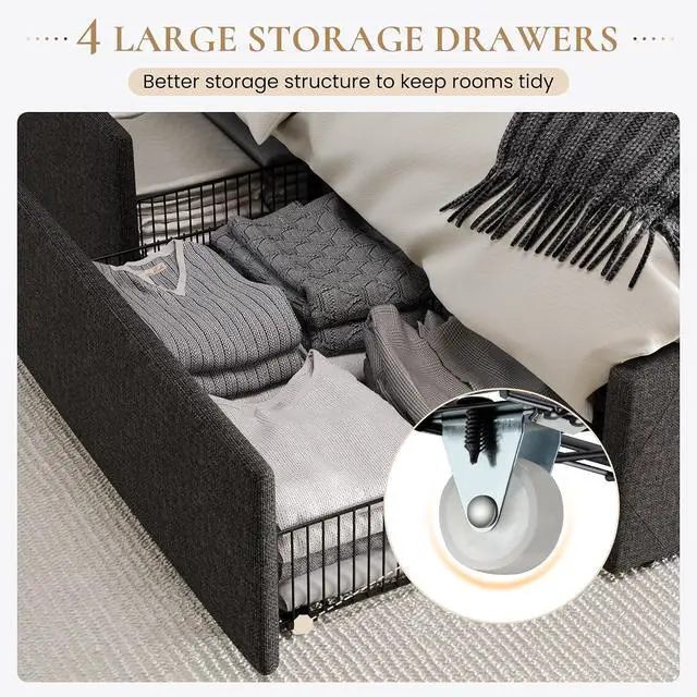 Alt view image 6 of 7 - Queen Platform Upholstered Bed Frame with 4 Storage Drawers and Wingback Headboard, Diamond Stitched Button Tufted Design, No Box Spring Needed, Dark Grey