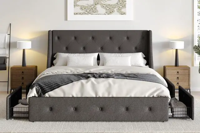 Alt view image 3 of 7 - Queen Platform Upholstered Bed Frame with 4 Storage Drawers and Wingback Headboard, Diamond Stitched Button Tufted Design, No Box Spring Needed, Dark Grey