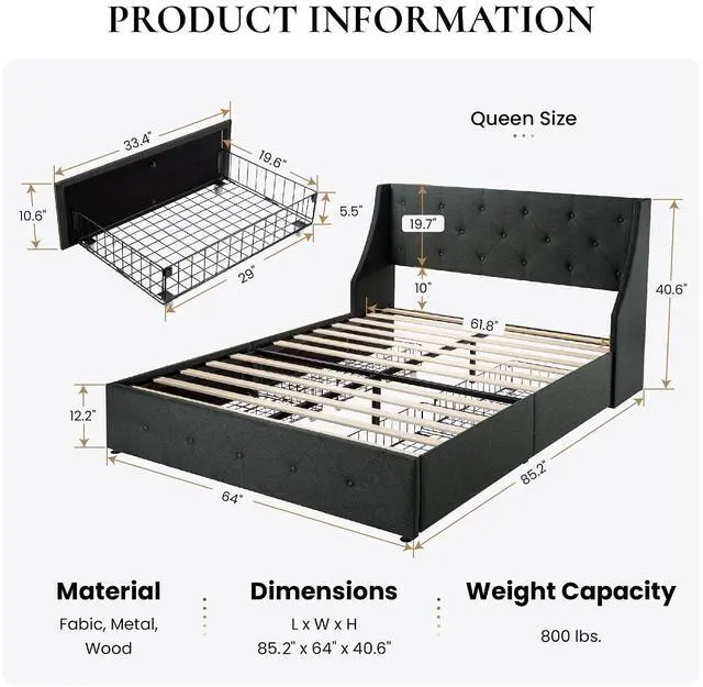 Alt view image 2 of 7 - Queen Platform Upholstered Bed Frame with 4 Storage Drawers and Wingback Headboard, Diamond Stitched Button Tufted Design, No Box Spring Needed, Dark Grey
