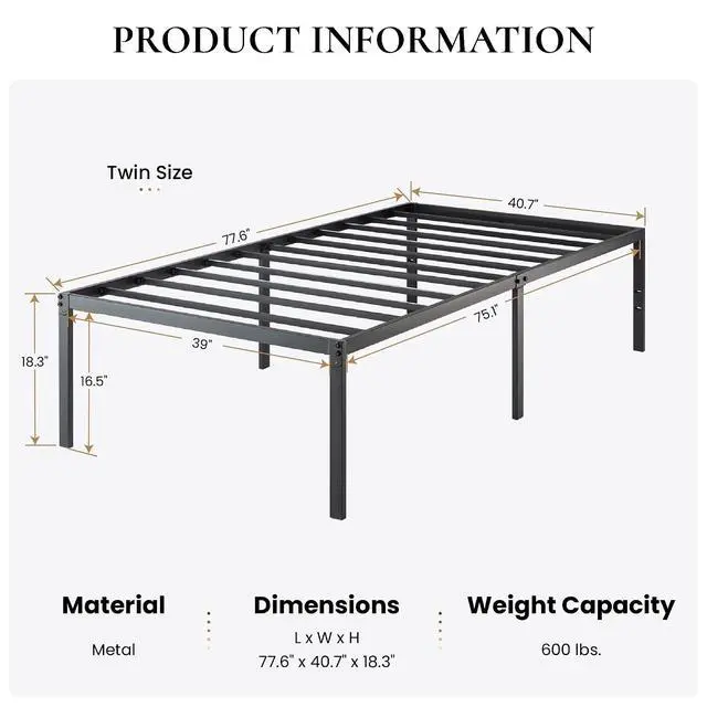 Alt view image 2 of 7 - Heavy Duty Twin Size Platform Bed Frame,Self-Attached Headboard, No Box Spring Needed, Mattress Foundation, No Noise, Easy Assembly, Black