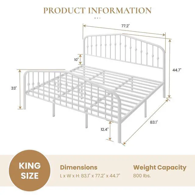 Alt view image 2 of 7 - King Size Metal Platform Bed Frame with Victorian Style Wrought Iron-Art Headboard/Footboard, No Box Spring Required, White