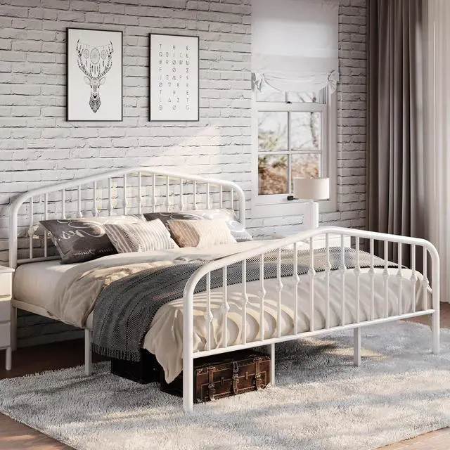 Main image of King Size Metal Platform Bed Frame with Victorian Style Wrought Iron-Art Headboard/Footboard, No Box Spring Required, White